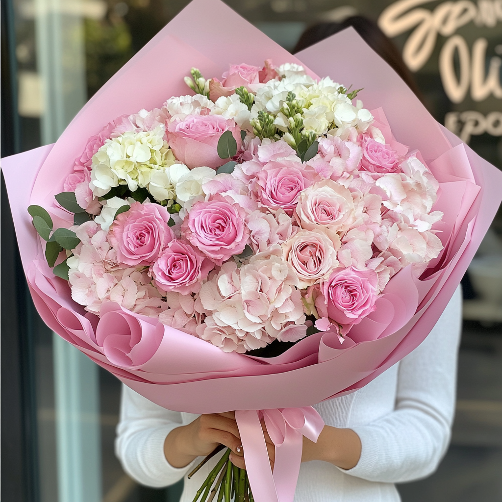 Buchet_Soft Blush_cu_hortensii_si_trandafiri_roz