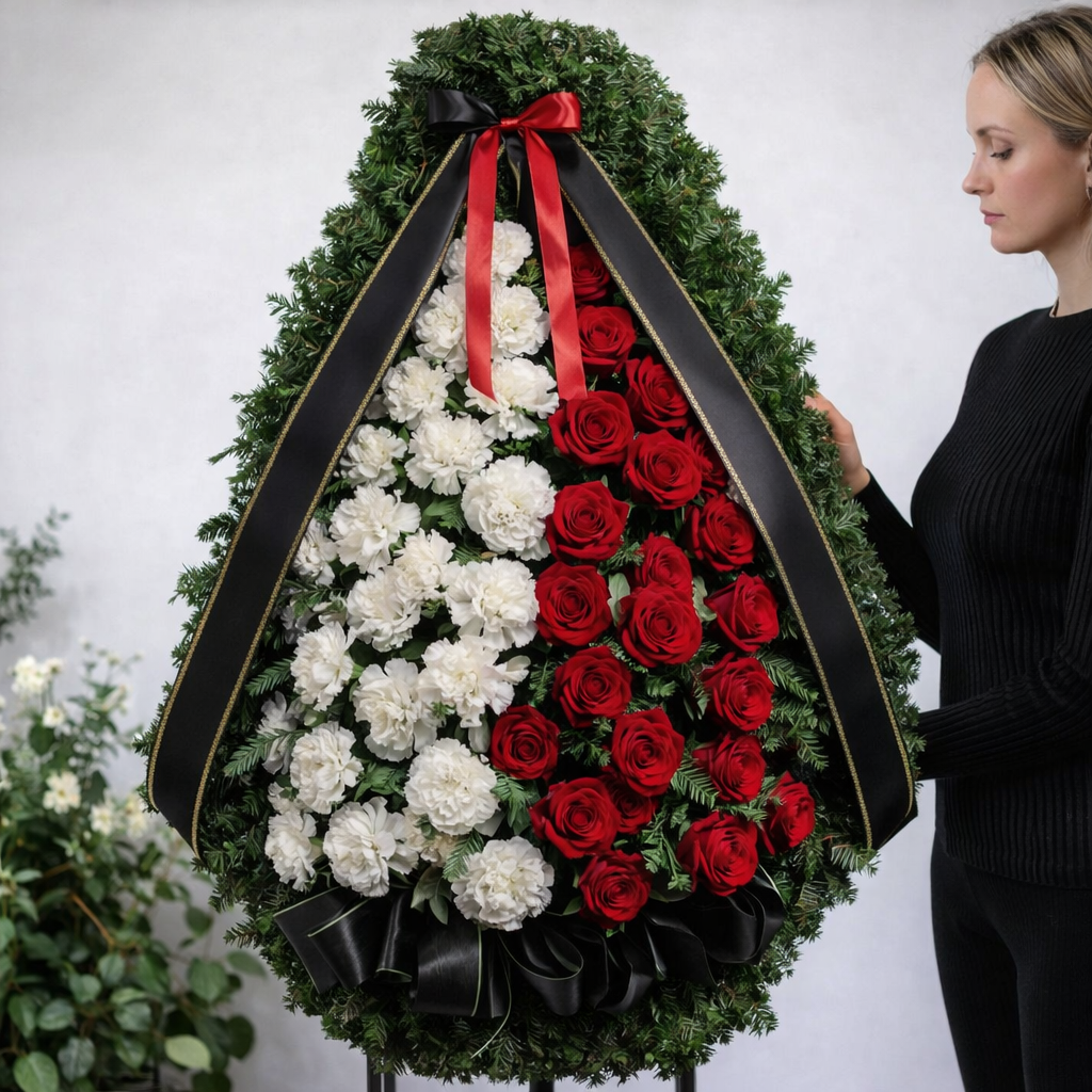 Coroana Funerara cu Garoafe Albe si Trandafiri Rosii