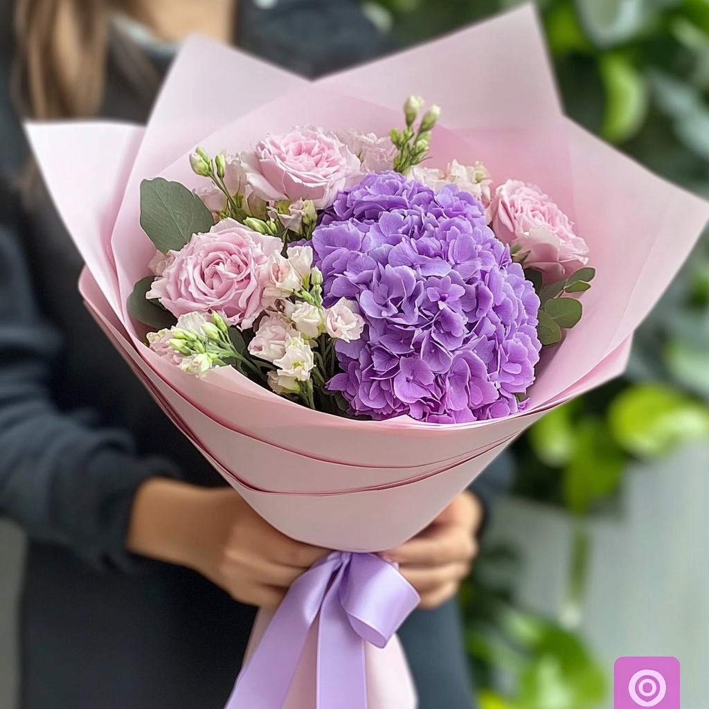 buchet_hortensie_roz_lisianthus_inceput_scoala_flori_brasov