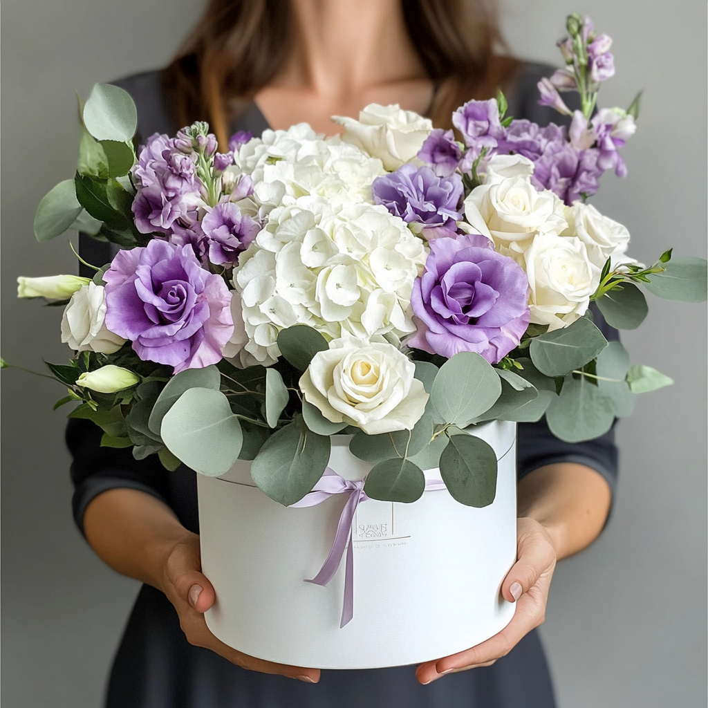 aranjament_floral_cutie_trandafiri_albi_hortensie_lisianthus_mov_aranjamente_florale_brasov_flori_brasov