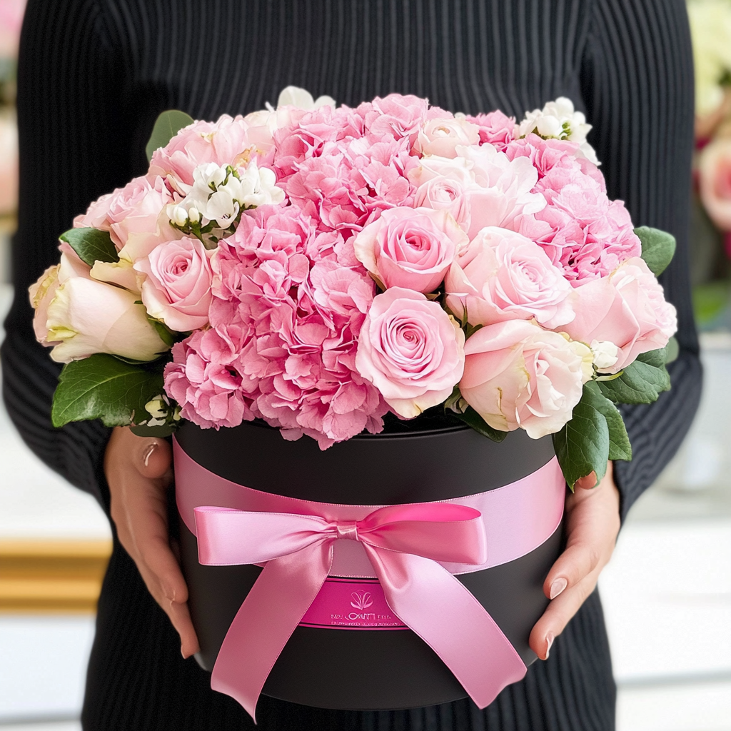 aranjament_floral_cutie_trandafiri_albi_roz_hortensie_lisianthus_aranjamente_florale_brasov_flori_brasov