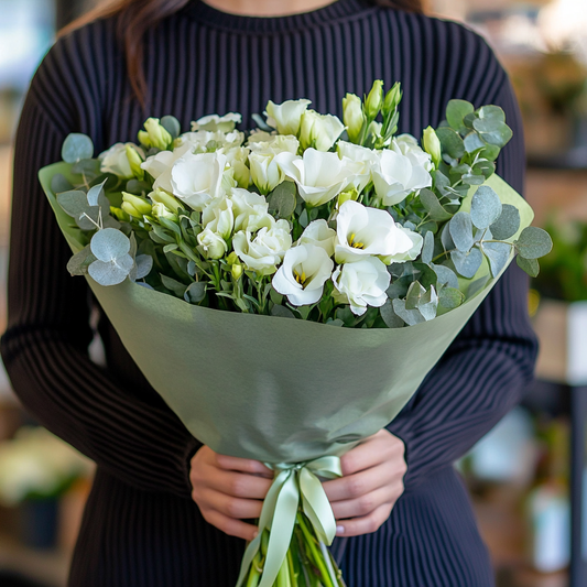 buchet 15 frezii albe eucalipt livrare Brașov