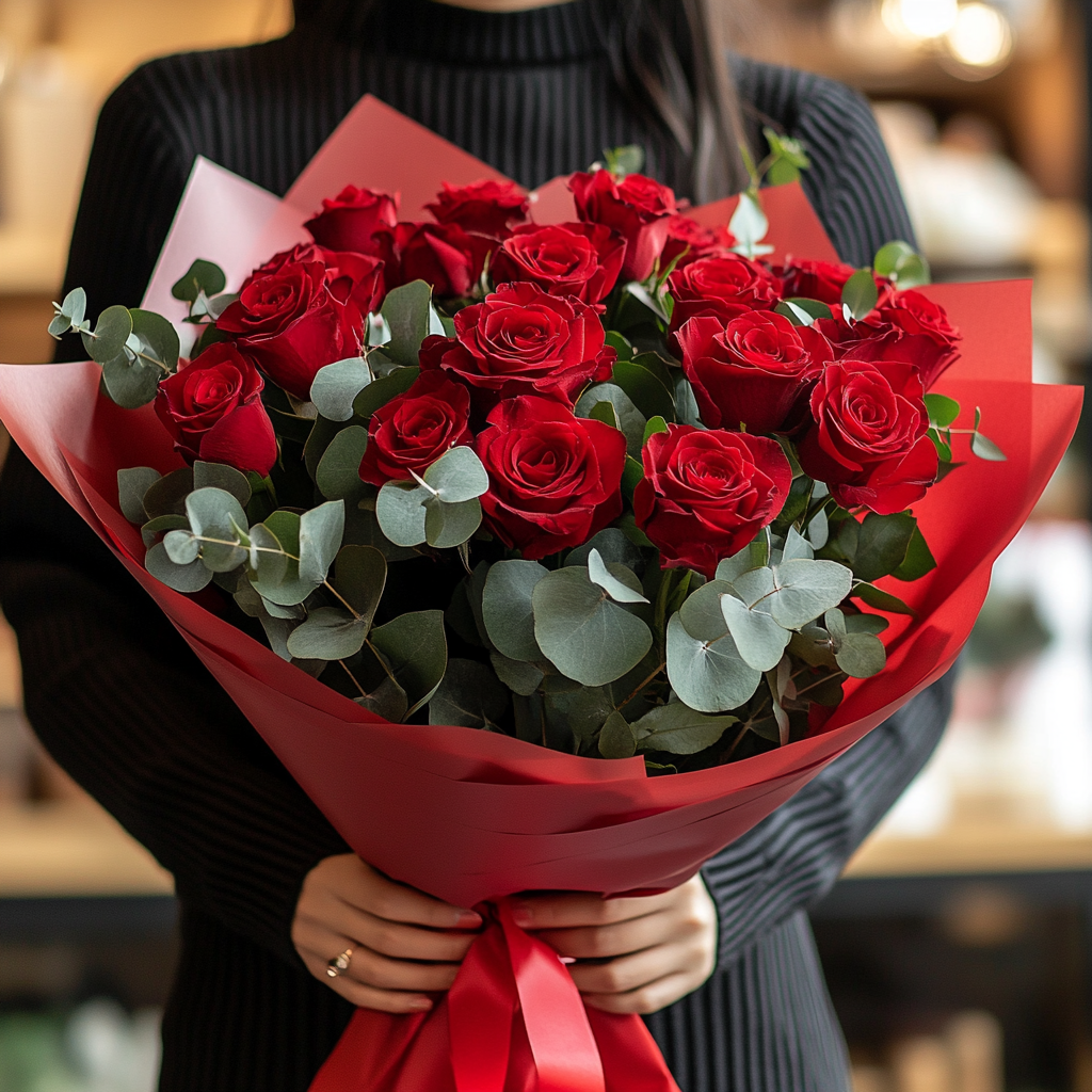 buchet 15 trandafiri roșii eucalipt livrare Brașov