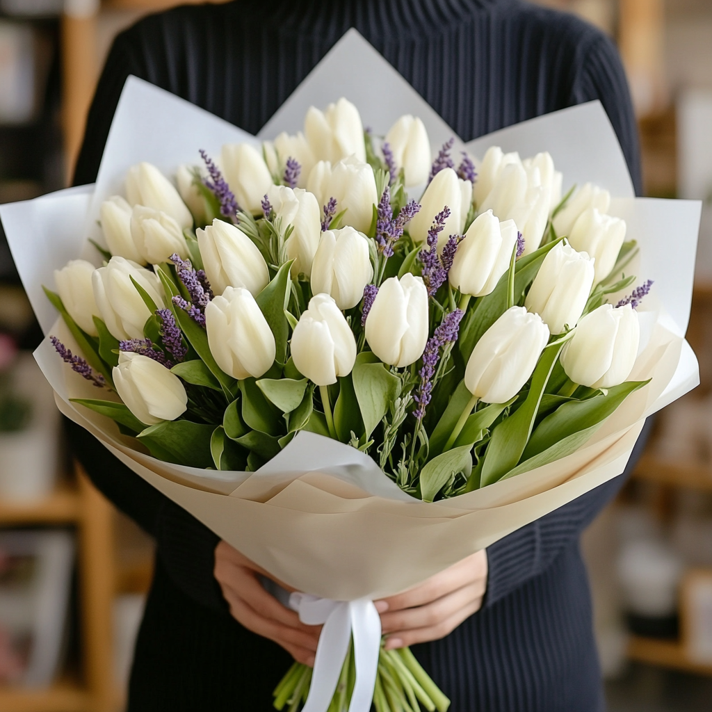 buchet 51 lalele albe și lavandă livrare Brașov