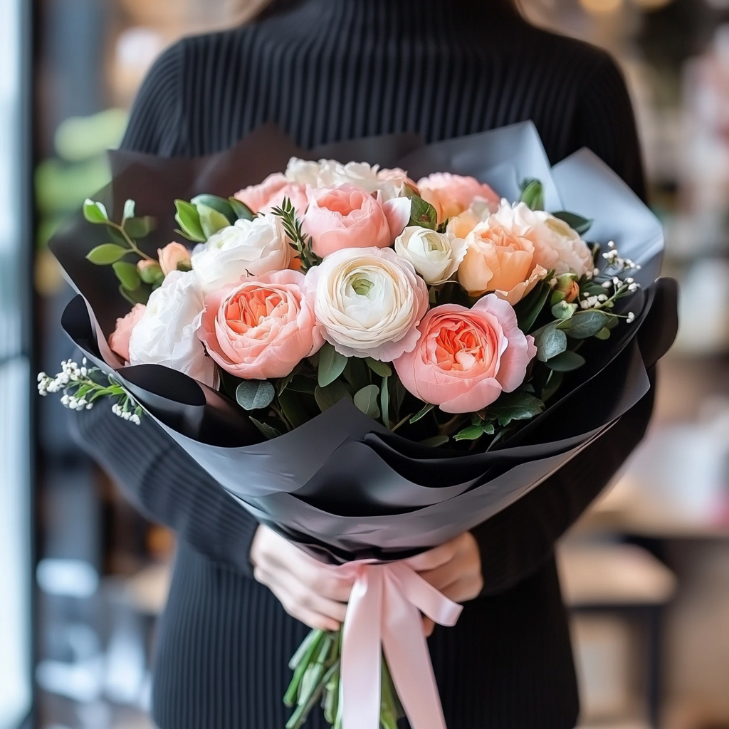 buchet bujori pink ranunculus trandafiri peach Brașov