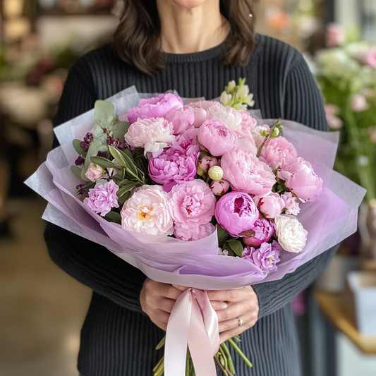 buchet bujori roz frezii ranunculus livrare Brașov