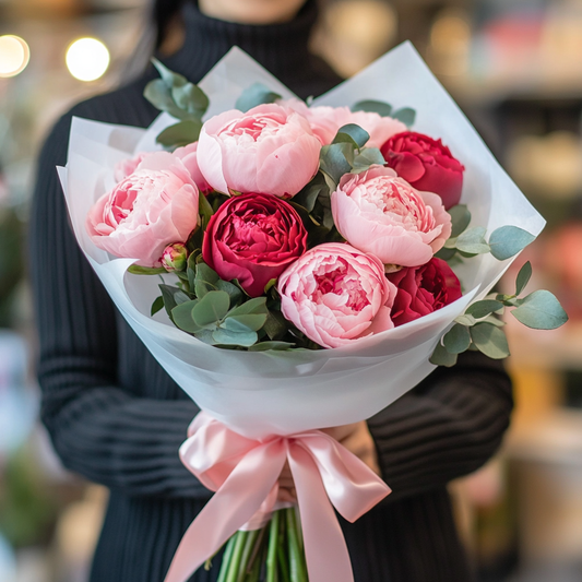 buchet bujori roz și trandafiri roșii livrare Brașov