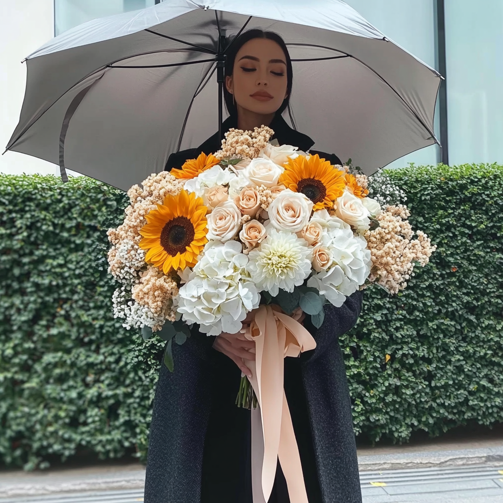 buchet_floarea_soarelui_trandafiri_hortensie_gypsophila_buchete_toamna_florarie_brasov_flori_brasov