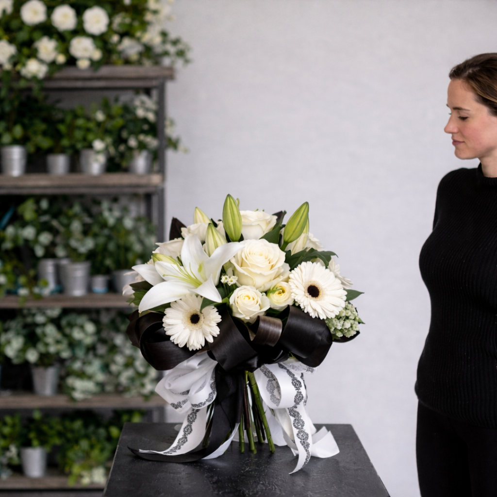buchet_funerar_cu_trandafiri_albi_crini_orientali_si_gerbera_realizat_de_florarie_brasov