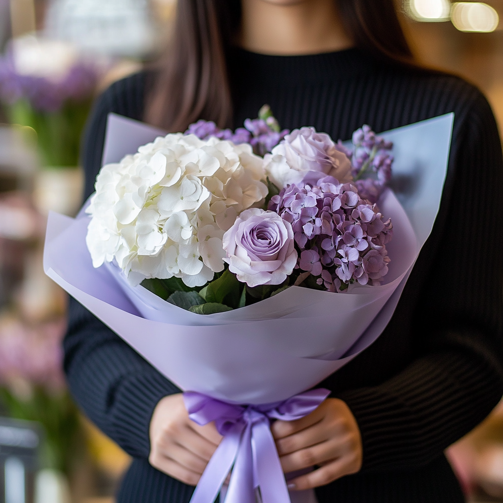 buchet hortensie albă trandafiri lila livrare Brașov