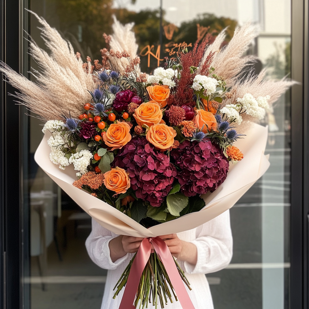 buchet_hortensie_burgundy_trandafiri_orange_astilbe_pampas_florarie_brasov_flori_brasov