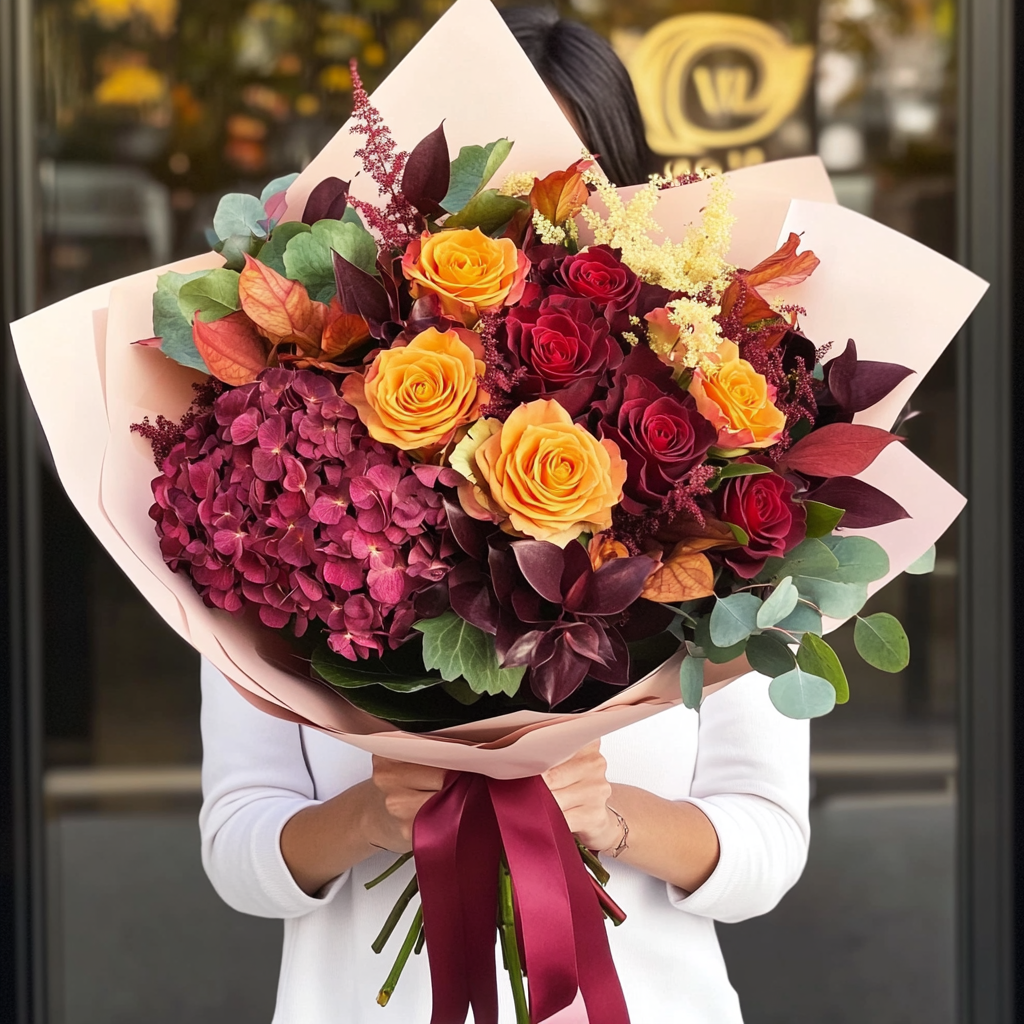 buchet_hortensie_burgundy_trandafiri_orange_frunze_stejar_florarie_brasov_flori_brasov