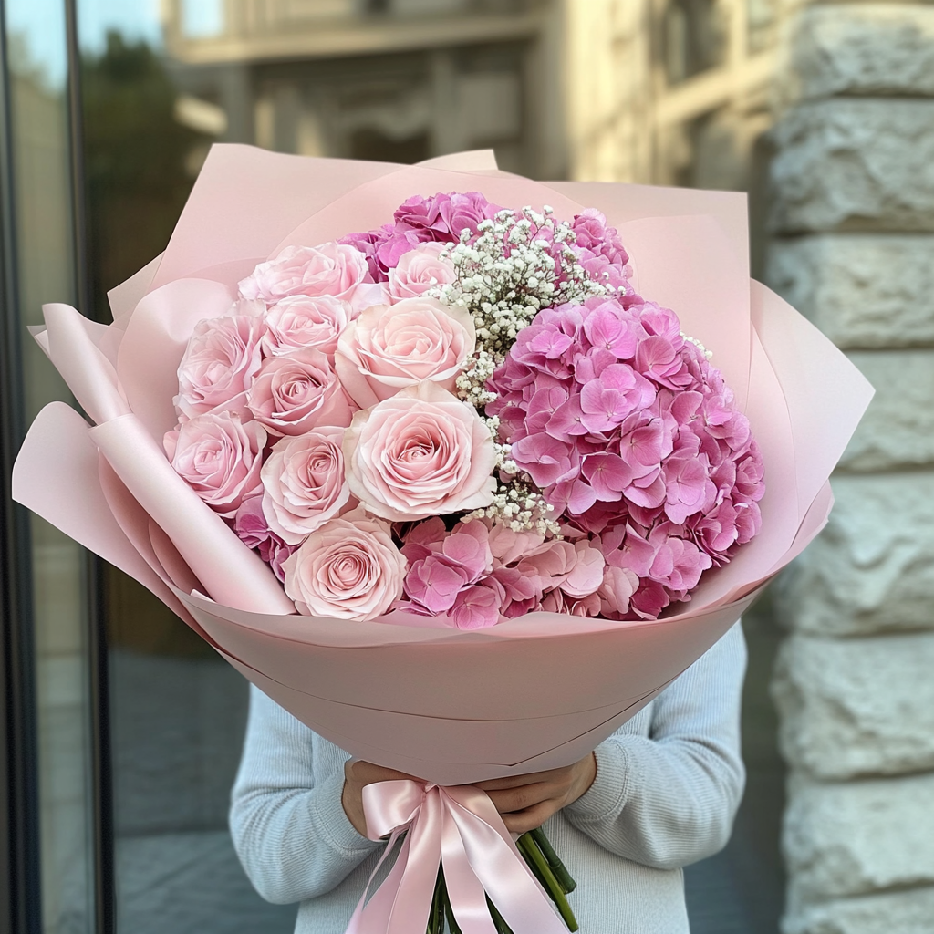 buchet hortensie trandafiri Queens Crown gypsophila
