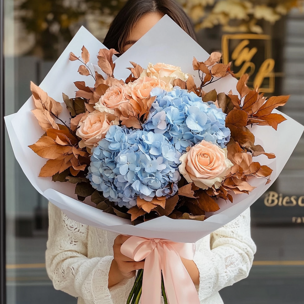 buchet_hortensie_trandafiri_peach_frunze_stejar_buchete_toamna_florarie_brasov_flori_brasov