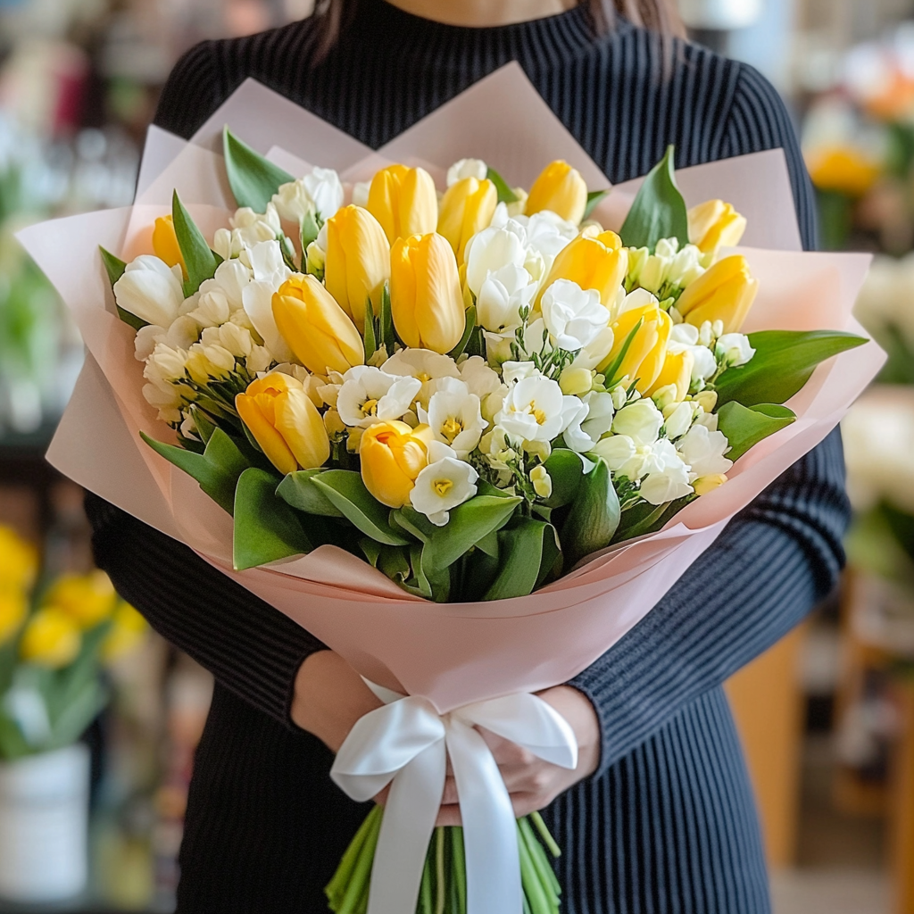 buchet lalele galbene și frezii albe livrare Brașov