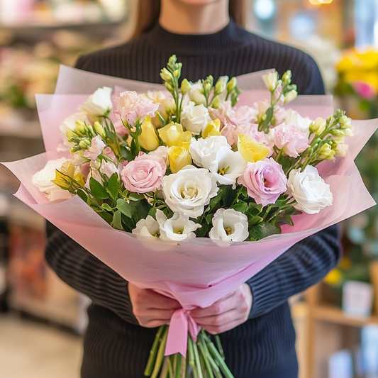 buchet lisianthus roz trandafiri frezii livrare Brașov