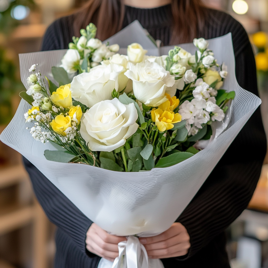 buchet trandafiri albi frezii galbene matthiola livrare Brașov