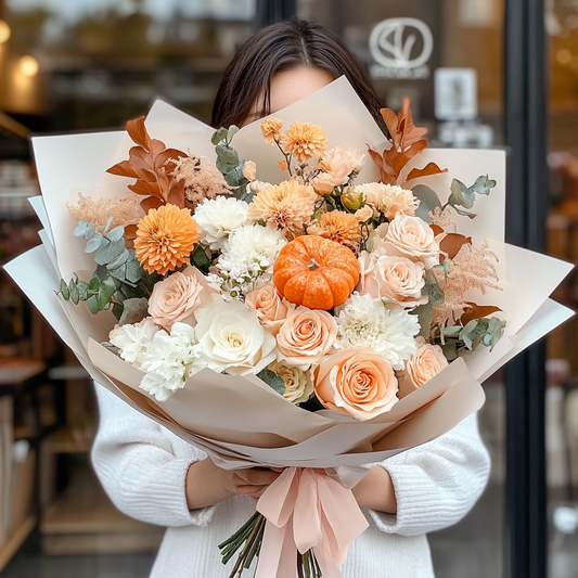 buchet_trandafiri_crizanteme_lisianthus_frunze_stejar_dovleac_florarie_brasov_flori_brasov