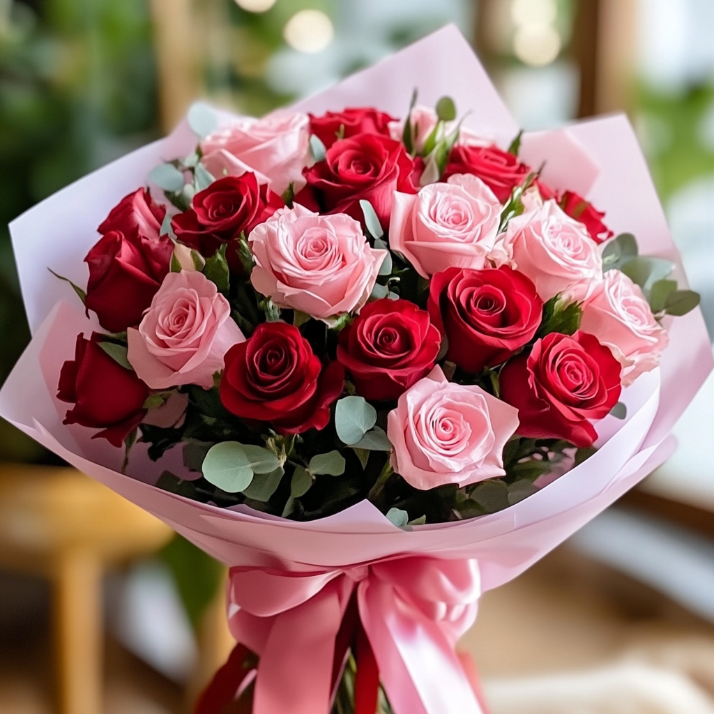 buchet trandafiri roșii și roz Contessa Flowers Brașov