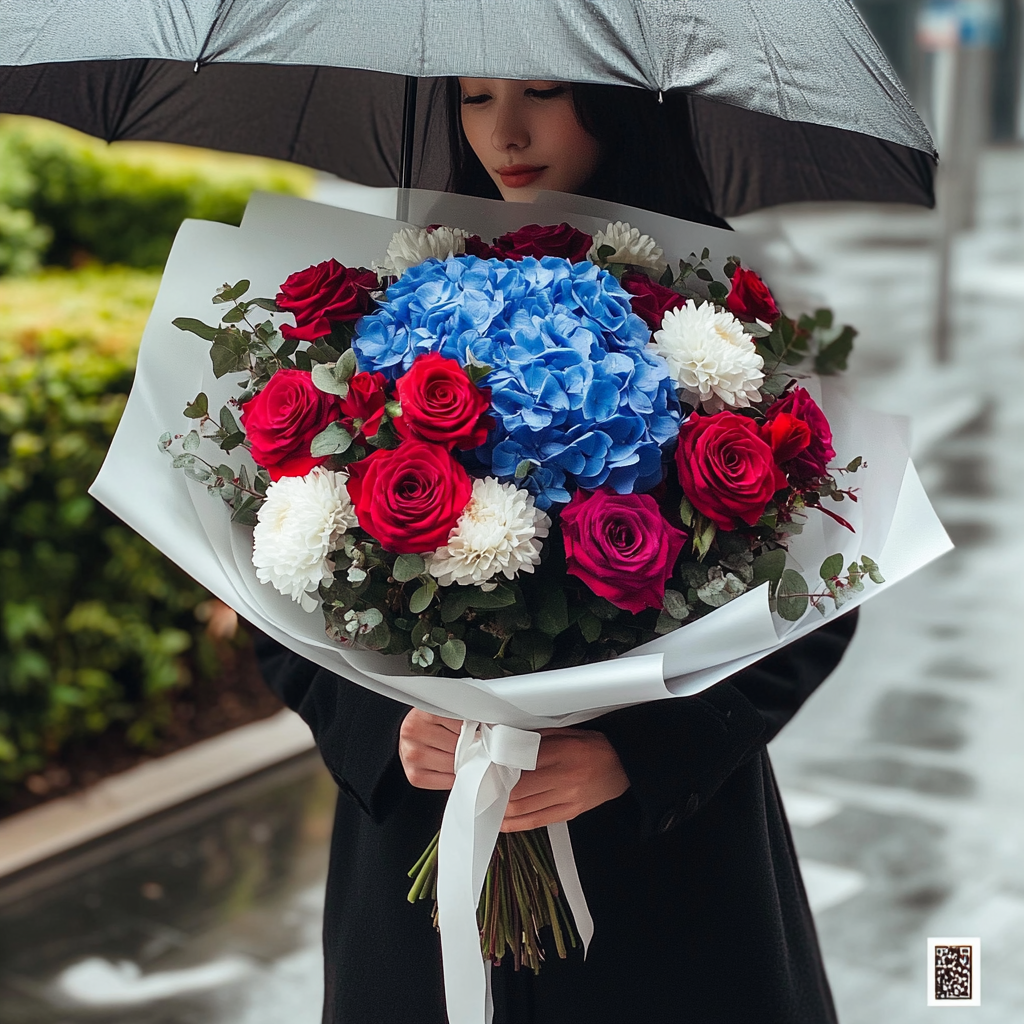 Buchet Trandafiri Fucsia, Hortensie și Crizanteme Gigant