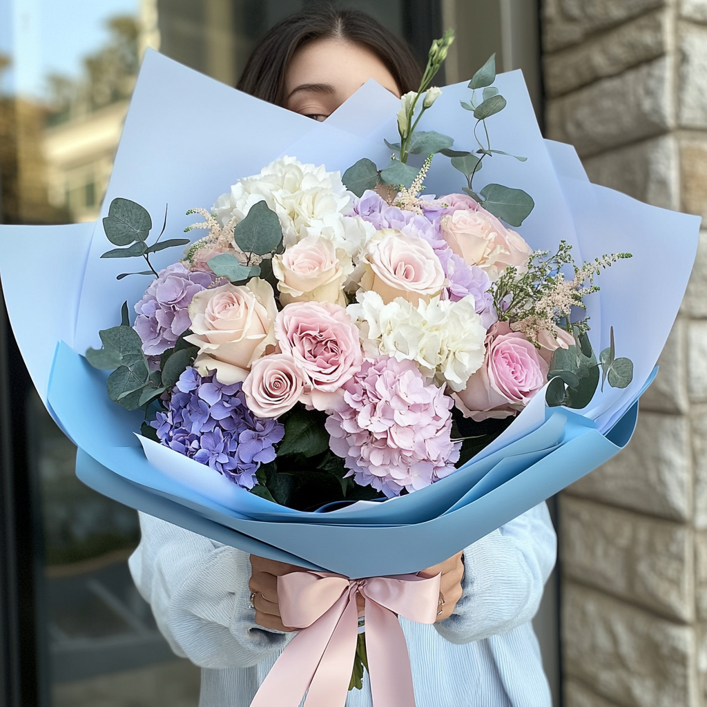 buchet hortensie trandafiri Avalanche crizanteme eustome eucalipt