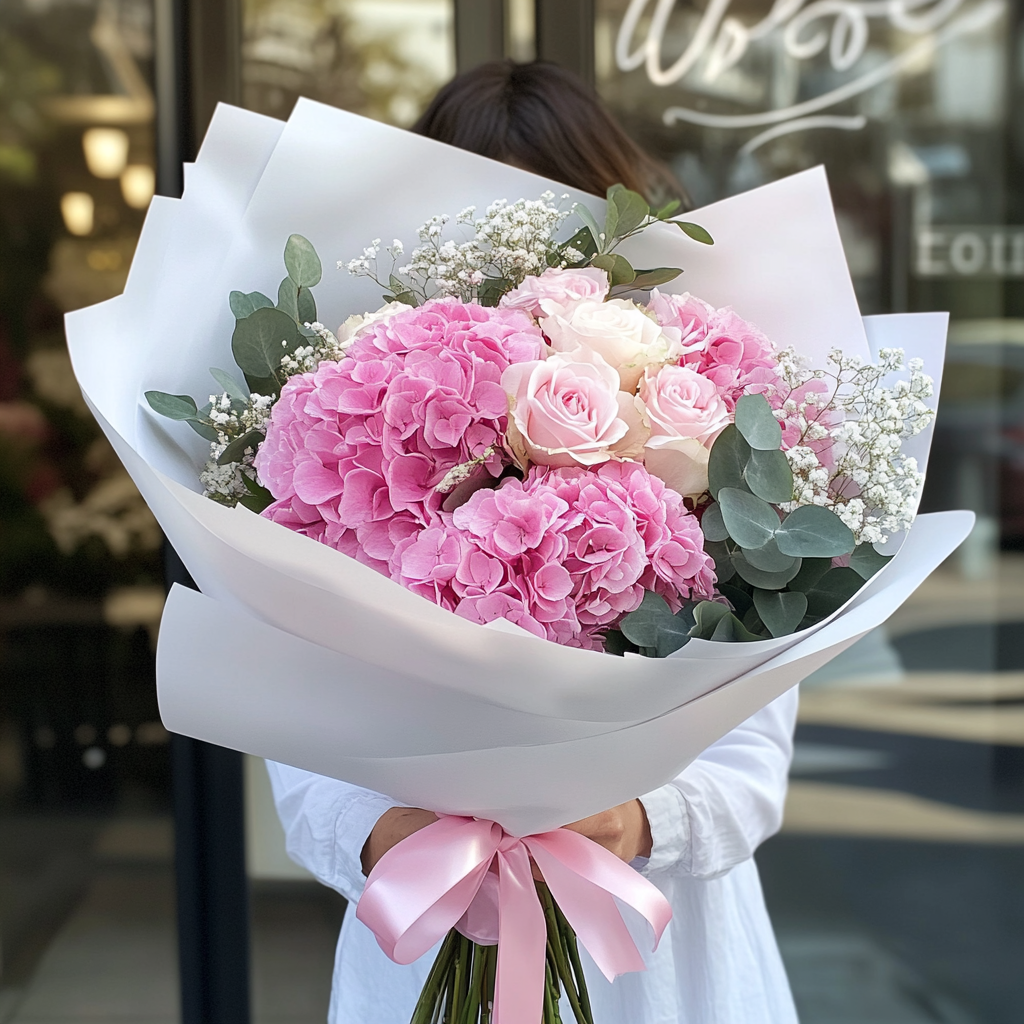 buchet hortensie trandafiri Queens Crown gypsophila eucalipt
