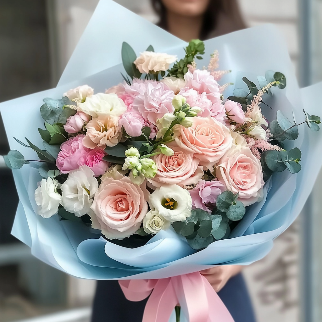 buchet trandafiri Queens Crown lisianthus Avalanche eucalipt