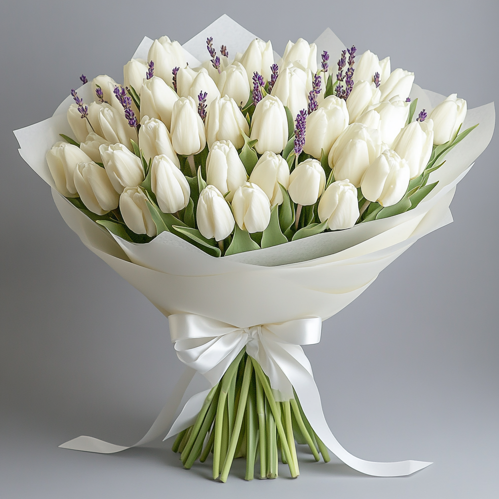 cadou cu lavandă și lalele albe Contessa Flowers