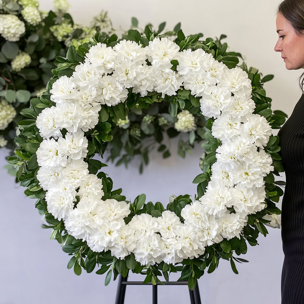 Coroana funerara rotunda cu garoafe albe