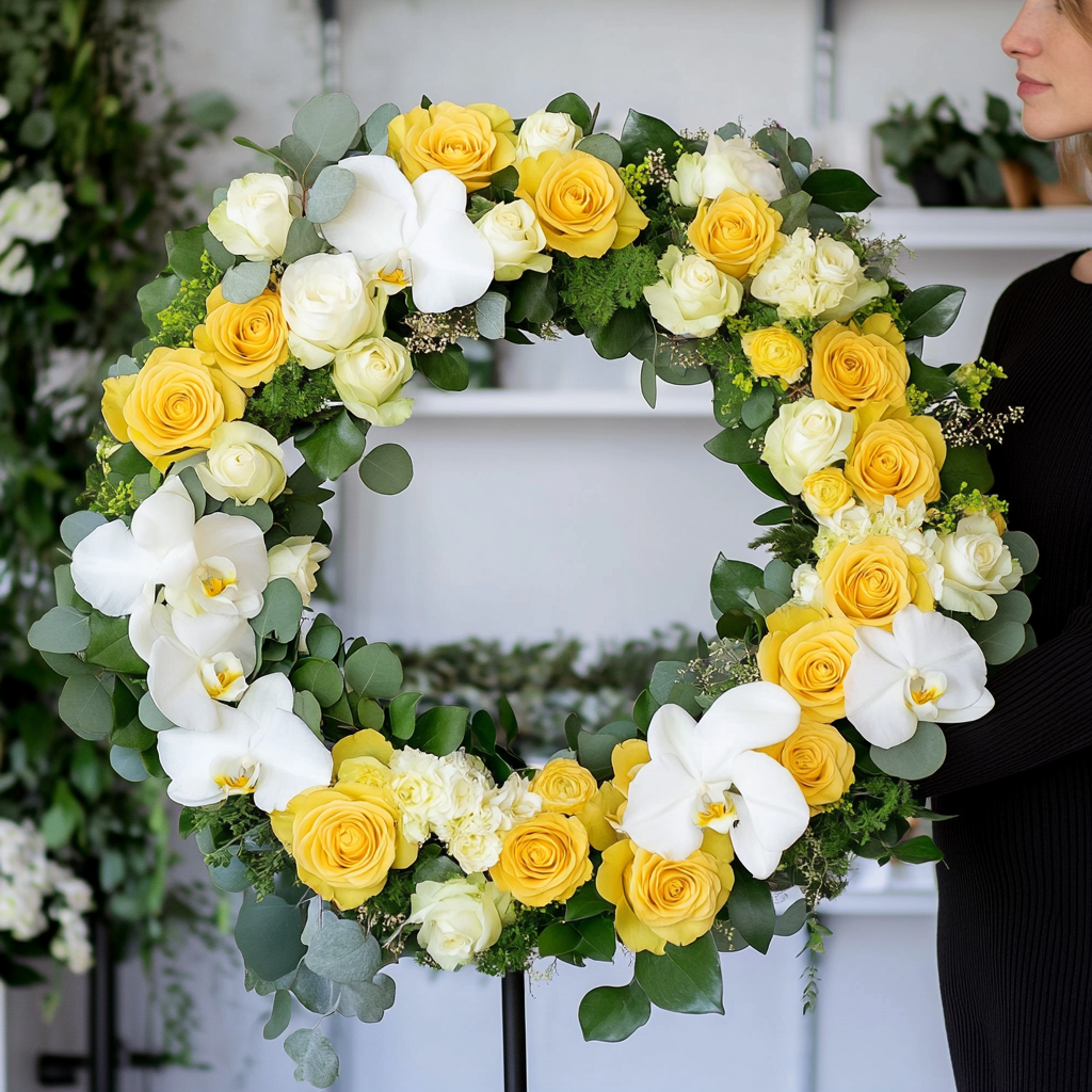 coroana-funerara-orhidee-trandafiri-galbeni