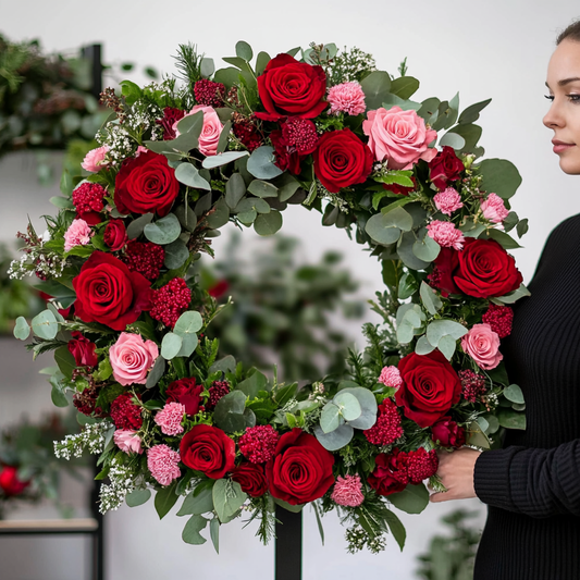 Coroana funerara rotunda cu trandafiri rosii si roz