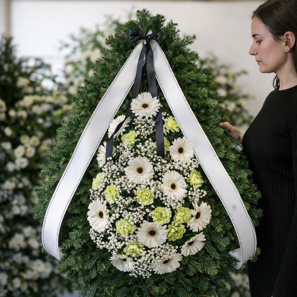 coroana_funerara_brad_natural_gerbera_garoafe_gypsophila_brasov