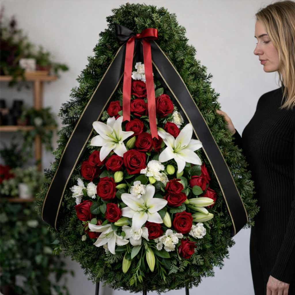coroana_funerara_brad_natural_trandafiri_rosii_crini_albi_brasov