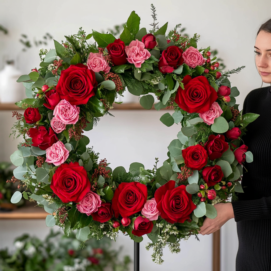 Coroana funerara rotunda cu trandafiri rosii si roz