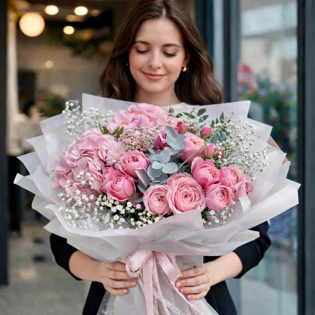 Buchet-hortensii-roz-trandafiri-pink-gypsophila-livrare-flori-Brasov
