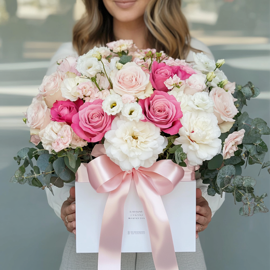 Aranjament Floral în Cutie cu 11 Trandafiri, Lisianthus, Dalie și Eucalipt