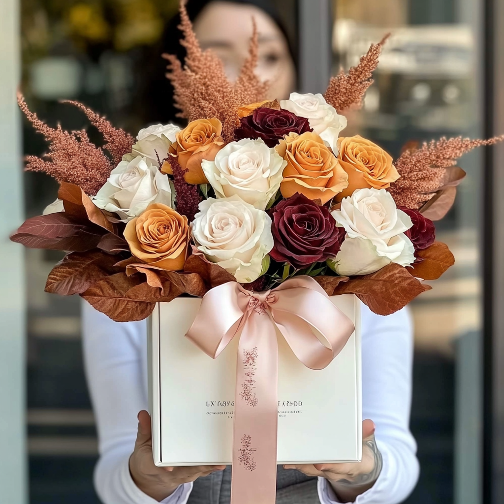 aranjament_floral_cutie_11_trandafiri_mixt_frunze_stejar_florarie_brasov