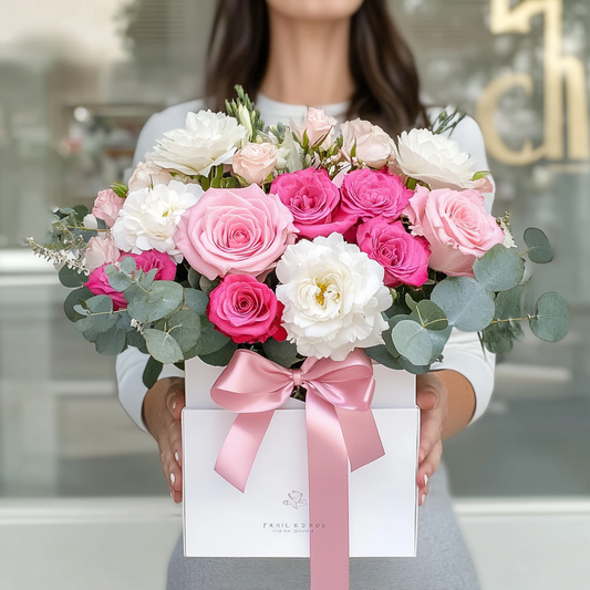 aranjament_floral_cutie_9_trandafiri_lisianthus_eucalipt_aranjamente_florale_brasov_flori_brasov