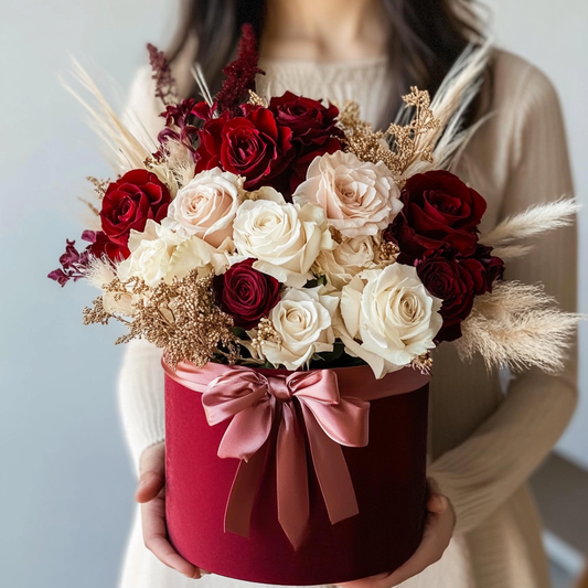 aranjament_floral_cutie_trandafiri_mixt_astilbe_florarie_brasov