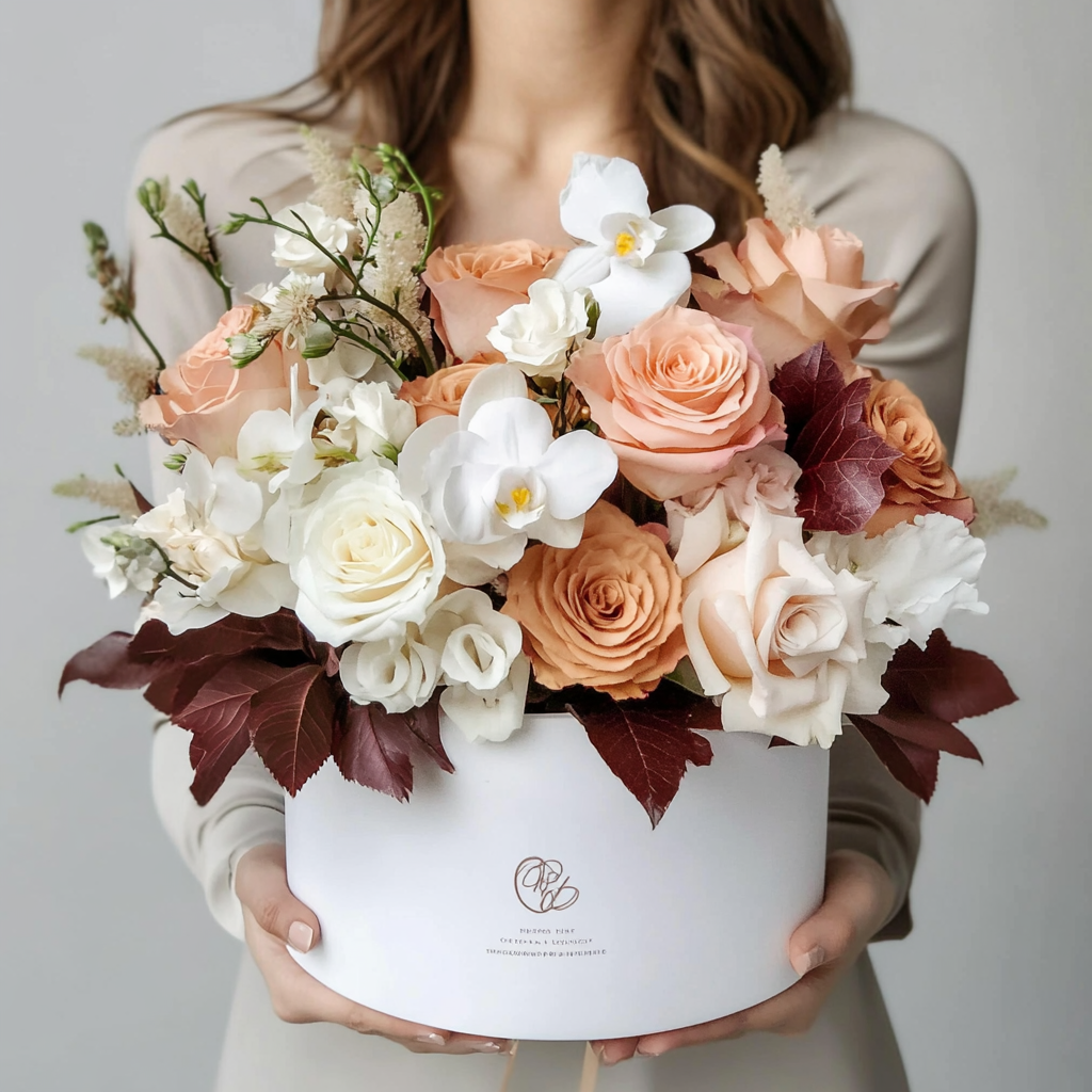 aranjament_floral_cutie_trandafiri_orhidee_lisianthus_florarie_brasov