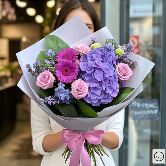 buchet-hortensii-si-gerbera-lila_florarie_Brasov