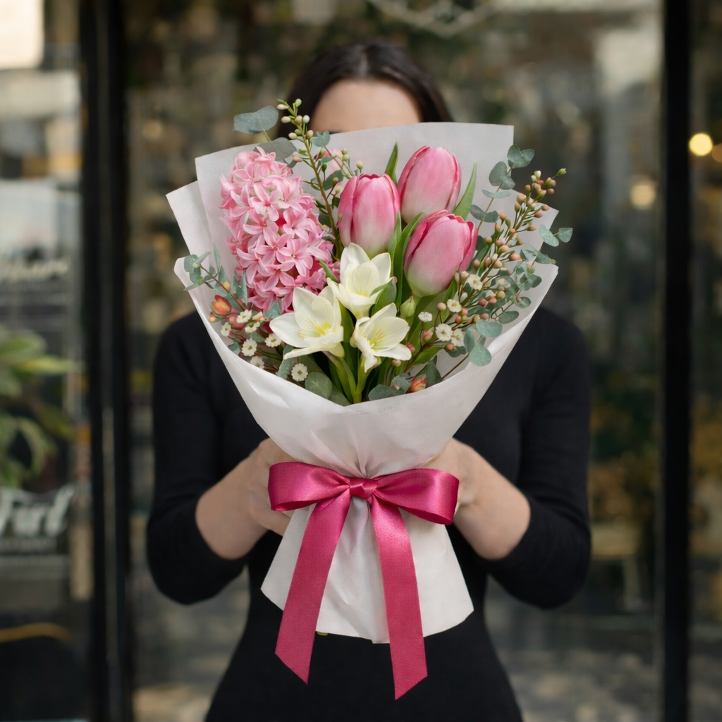 buchet-mixt-frezii-zambile-lalele-pink-livrare-flori-brasov