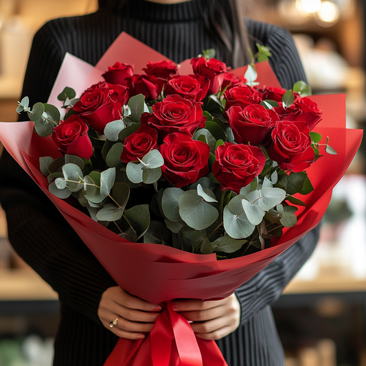 buchet 15 trandafiri roșii eucalipt livrare Brașov