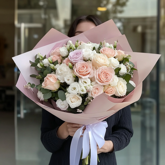 buchet 15 trandafiri roz mixt și lisianthus