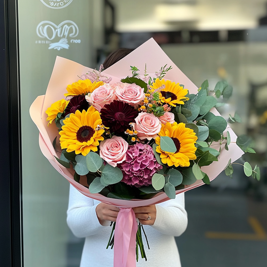 buchet_floarea_soarelui_trandafiri_hortensie_crizanteme_burgundy_buchete_toamna_florarie_brasov_flori_brasov