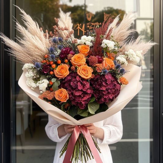 buchet_hortensie_burgundy_trandafiri_orange_astilbe_pampas_florarie_brasov_flori_brasov