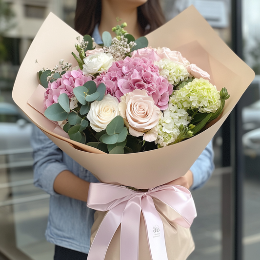 buchet hortensie trandafiri Pink Floyd lisianthus eucalipt