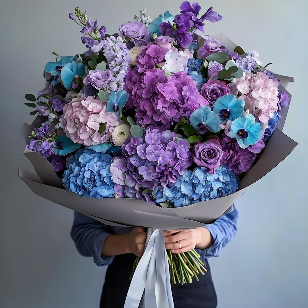 buchet_hortensie_trandafiri_lila_lisianthus_mov_orhidee_albastra_buchete_toamna_florarie_brasov_flori_brasov