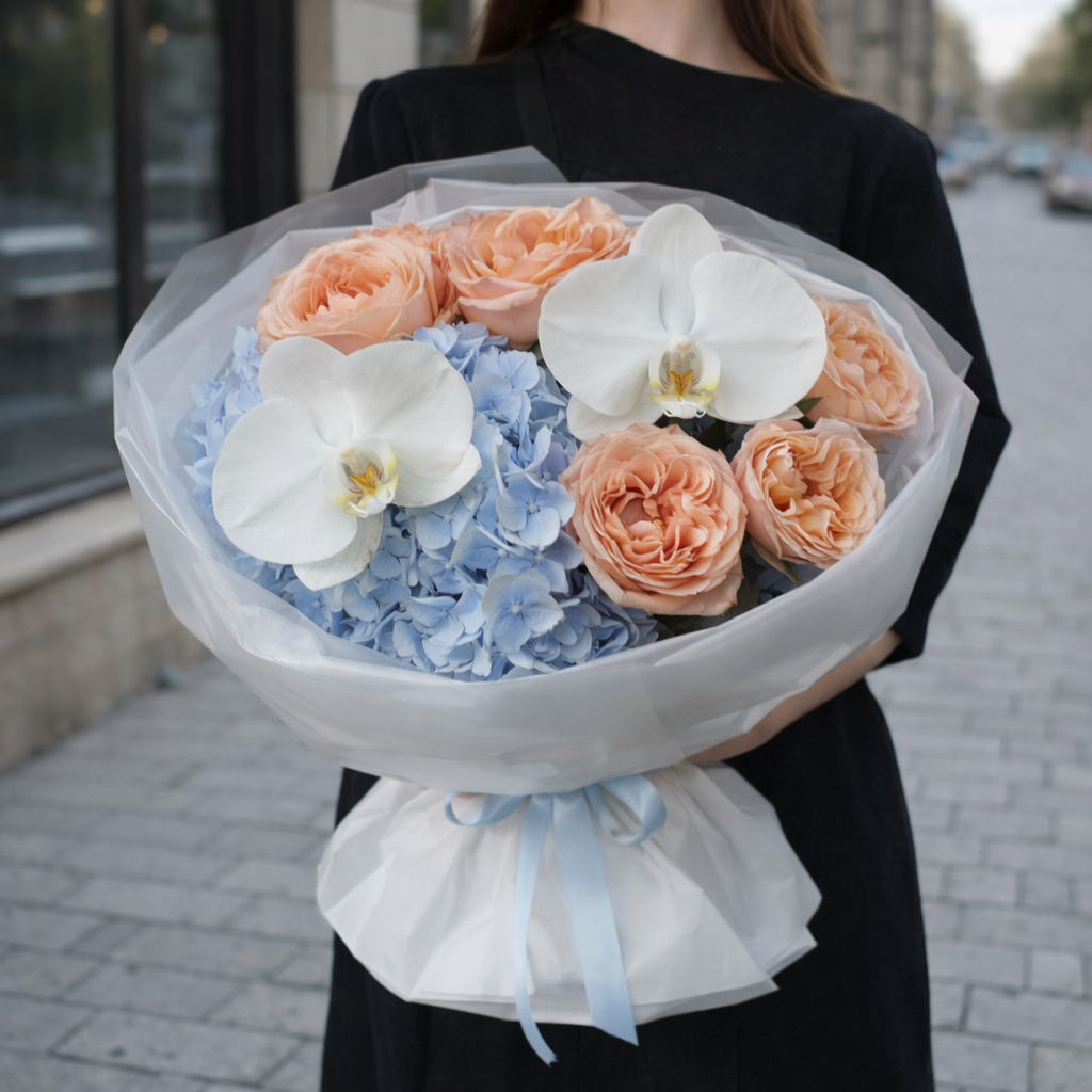 buchet_hortensie_trandafiri_peach_orhidee_florarie_brasov_contessa_flowers