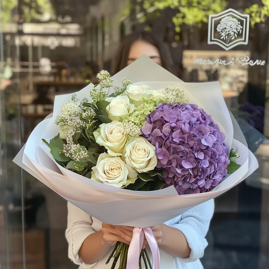 buchet_trandafiri_albi_hortensie_lila_vax_florarie_brasov_flori_brasov